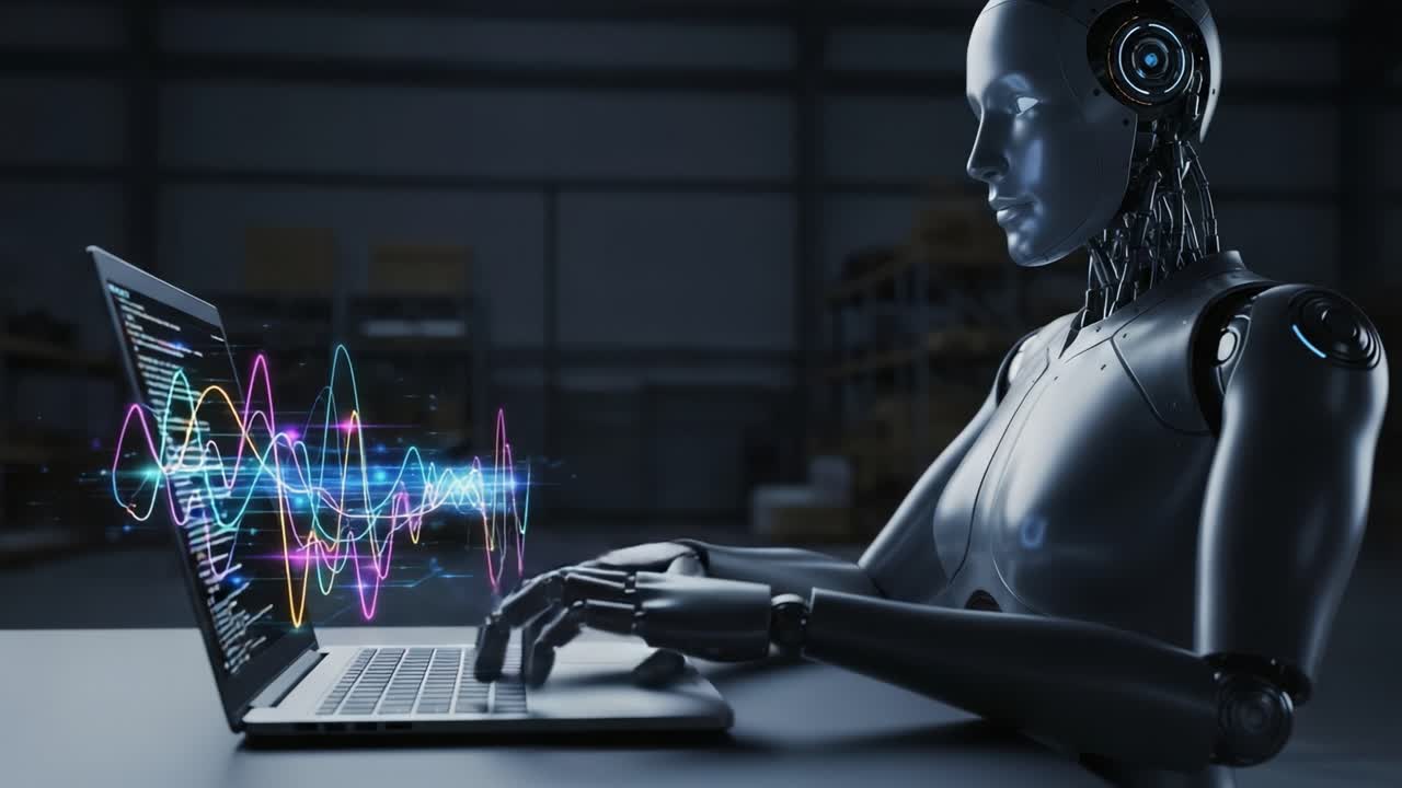 A Futuristic Robot Engaged in Complex Programming: Demonstrating Advanced AI Capabilities with Visualized Data and Sound Waves Using a Laptop in a Modern Workspace