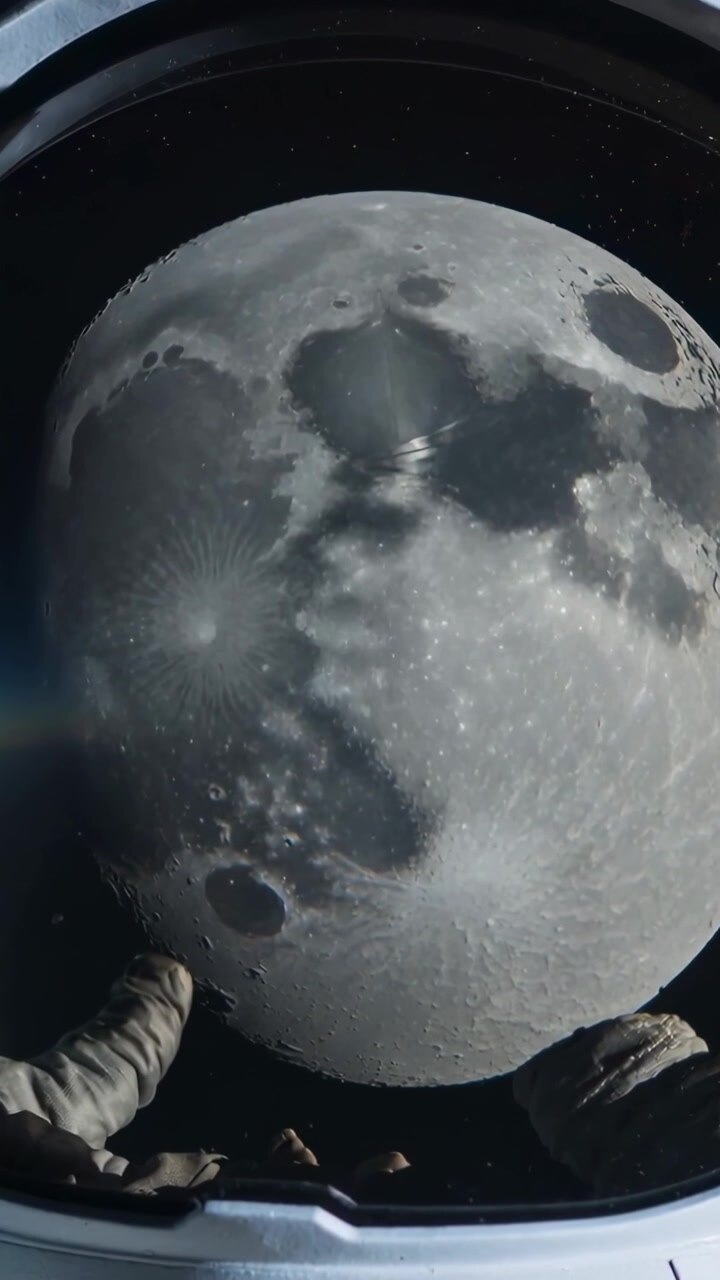 Vídeo vertical: Nave em zoom se aproximando da Lua da escotilha, luvas de traje espacial se firmando para estudar crateras