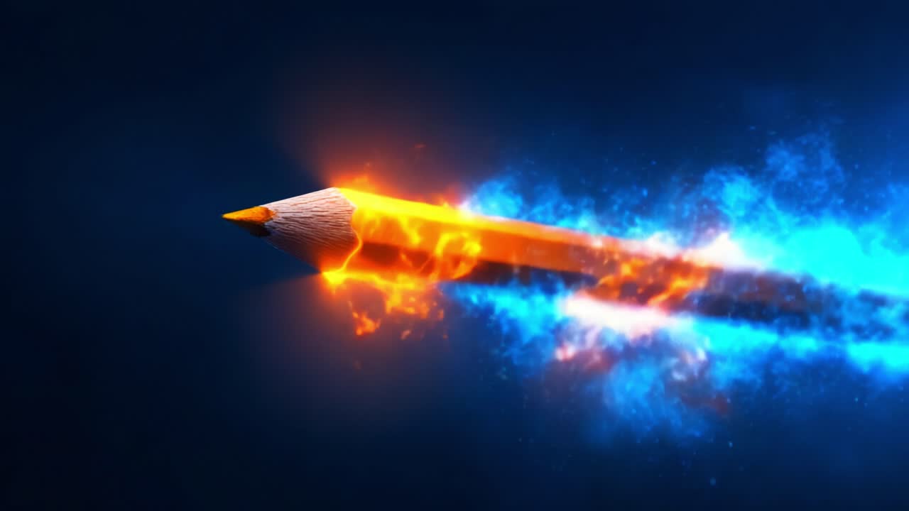 A dynamic pencil bursts with energy, creating a mesmerizing contrast of flames and ice as it launches forward, symbolizing creativity and innovation in a vibrant explosion of colors