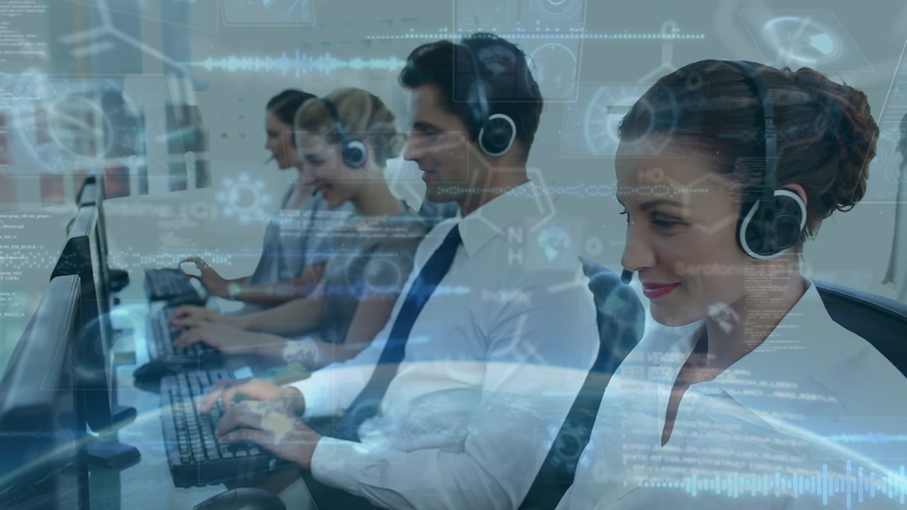 Animation of data processing over diverse business people using phone headsets