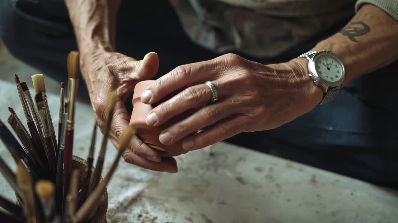 Lifting potter's hands inspecting clay cup at worktable after shaping, wearing apron
