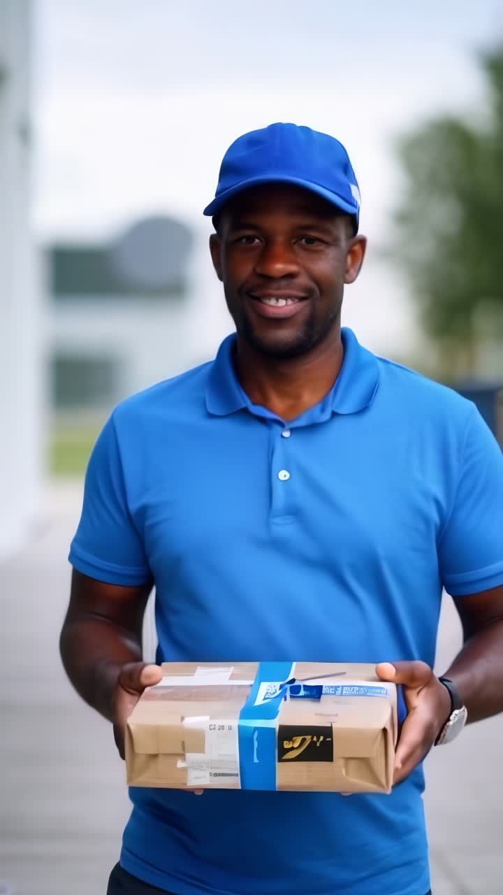 An afro delivery man wearing a blue polo shirt and a blue golf cap, holding a package
