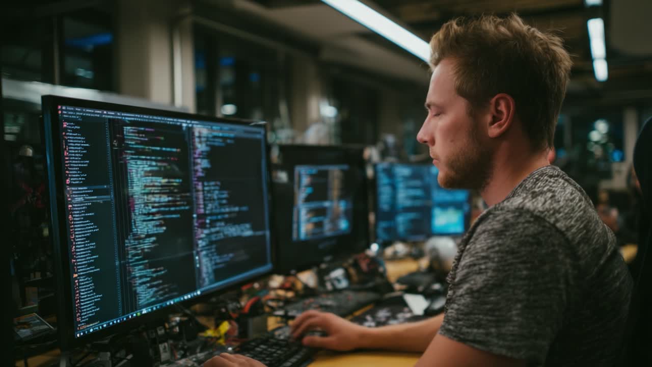 Focused Programmer Engaged in Complex Coding Tasks Amidst Multiple Monitors, Showcasing a Modern Workspace and Developer Environment
