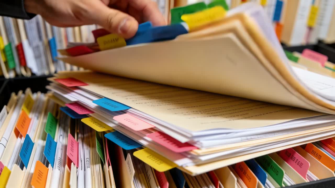 Lifting clerk right hand, gray cuff searching labeled folder stack at filing shelf, flipping tabs