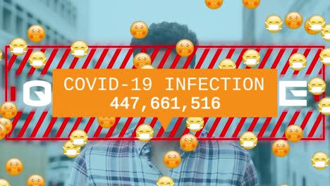 animación del procesamiento de datos de covid 19 sobre el hombre y múltiples emojis enfermos con máscaras faciales