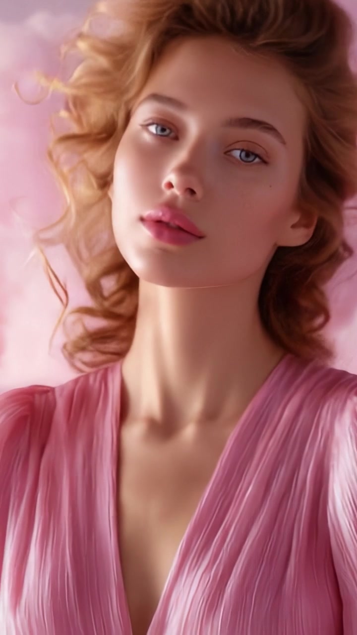 Un ritratto accattivante di una giovane donna con bellissimi ricci in un ambiente rosa tenue, che enfatizza la bellezza naturale e l'eleganza in un'atmosfera sognante.