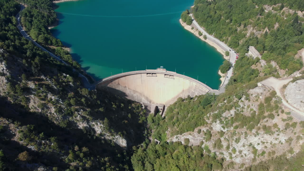 Drone top down view Artificial Lake Plastiras Dam Greece sunny day Tilt up
