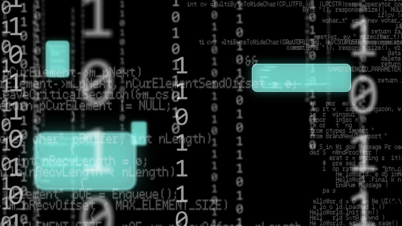 Animation of digital icons, binary coding and data processing