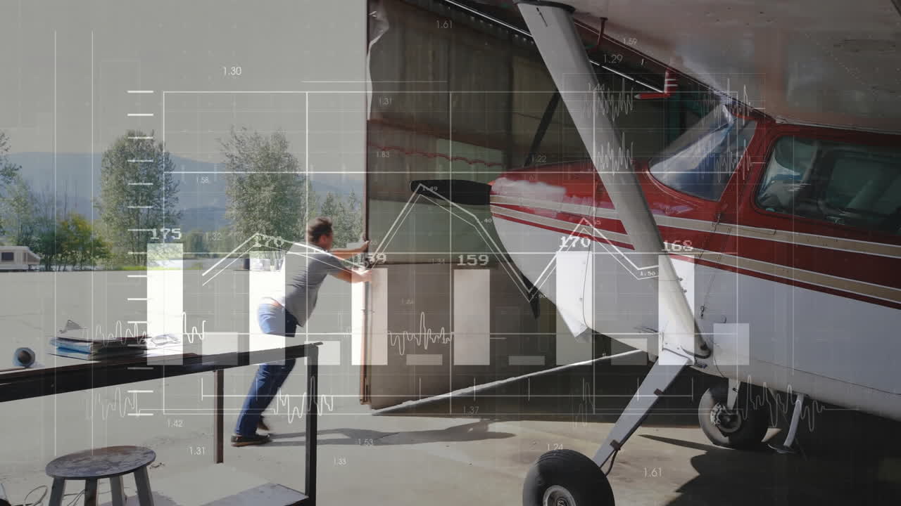 male pilot pushing hangar door open in aviation hangar, with animated charts and graphs overlaying