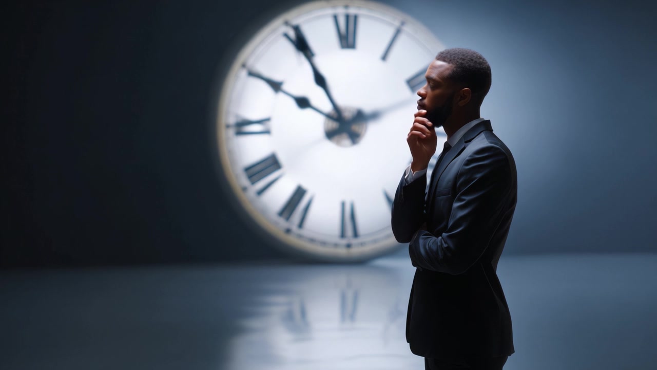A Thoughtful Man in a Suit Contemplates Time with a Large Clock in the Background, Capturing the Essence of Reflection and the Passage of Hours in a Dramatic Setting