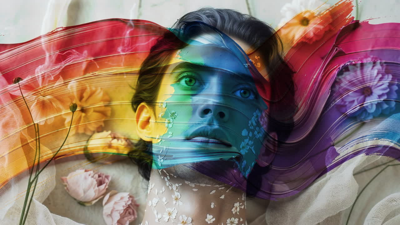Vibrant Abstract Portrait with Floral and Rainbow Elements