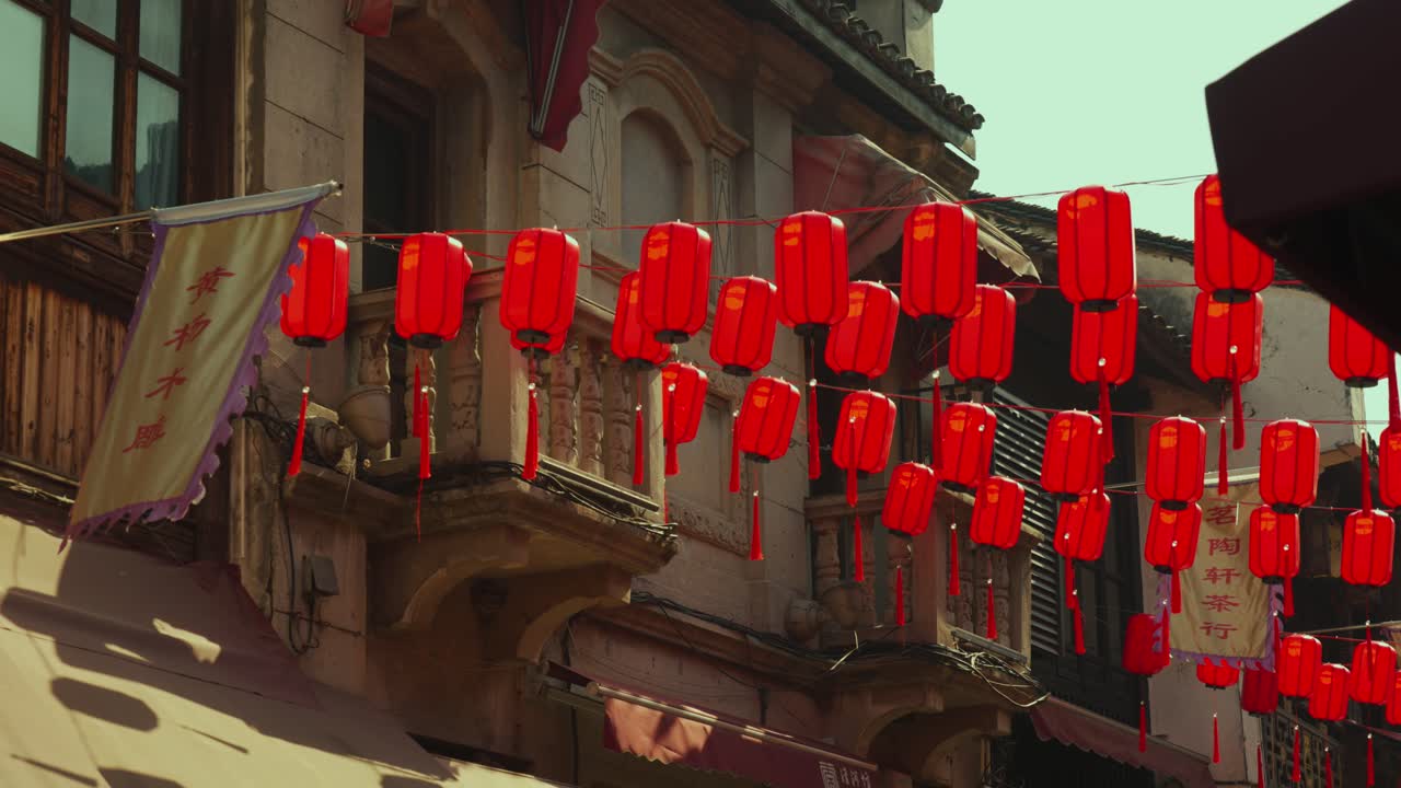 Dense Display of Red Chinese Lanterns Hanging Across Street