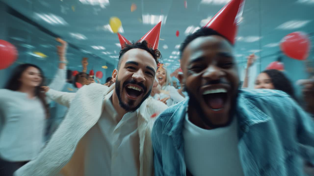 A Joyous Celebration in an Office Environment Featuring People in Party Hats, Balloons, and Confetti Creating a Vibrant Atmosphere Full of Laughter and Excitement