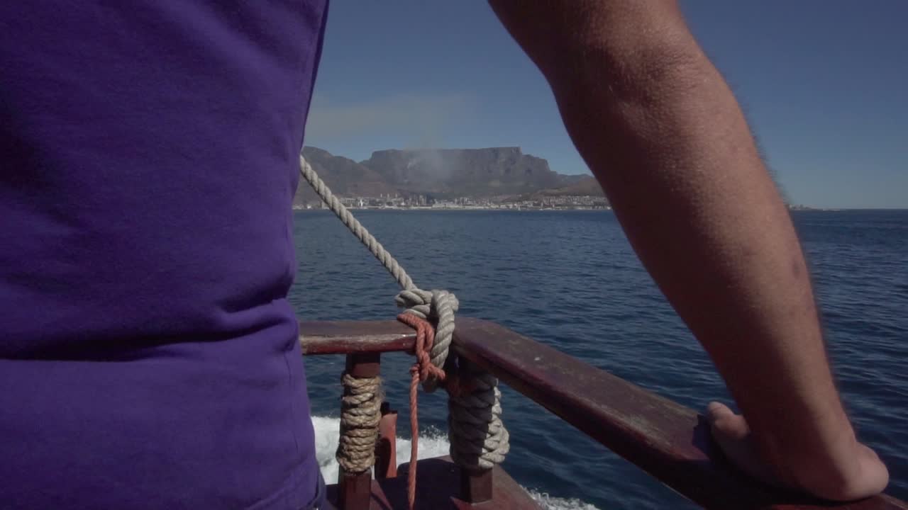 View of Cape Town and Table Mountain from the boat, in slow motion