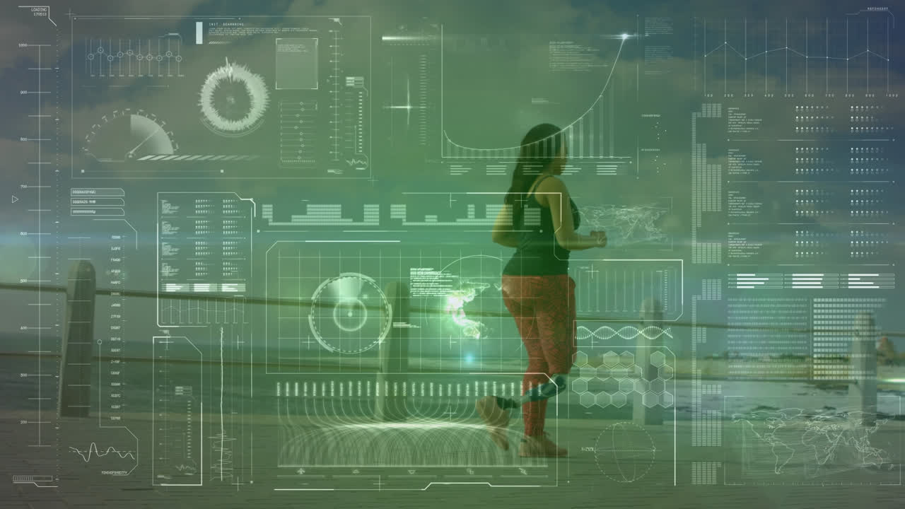 Animation of scope scanning and data processing over woman with artificial limb walking by seaside