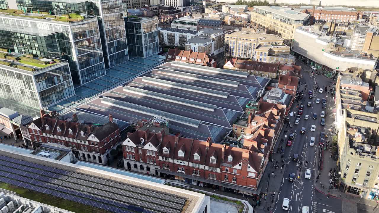 Old Spitalfields market East London UK Panning drone aerial