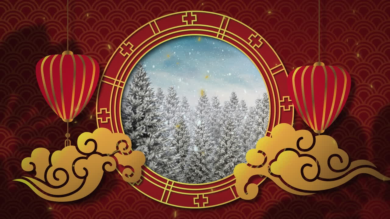 animación de linterna china y ornamento sobre un paisaje de invierno