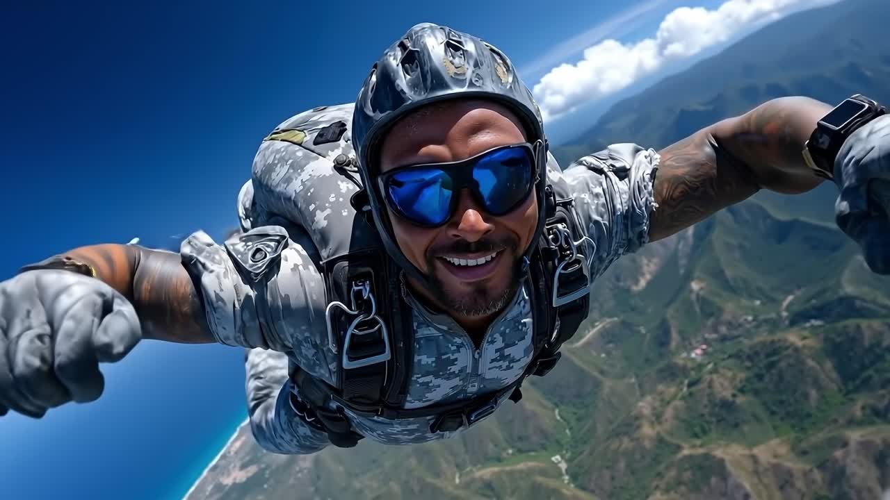 Un uomo con casco e occhiali sta facendo paracadutismo.