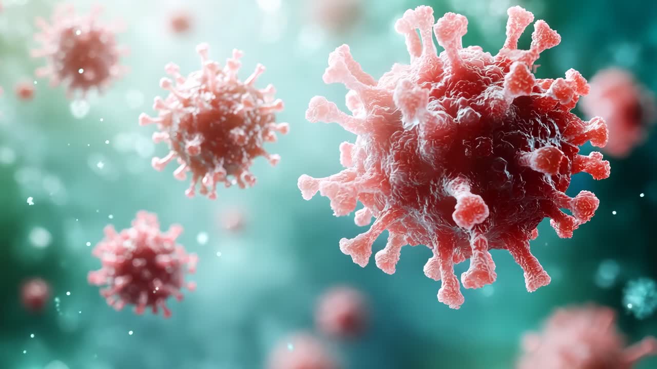 A close up of a virus with a red color. The virus is surrounded by a blue background