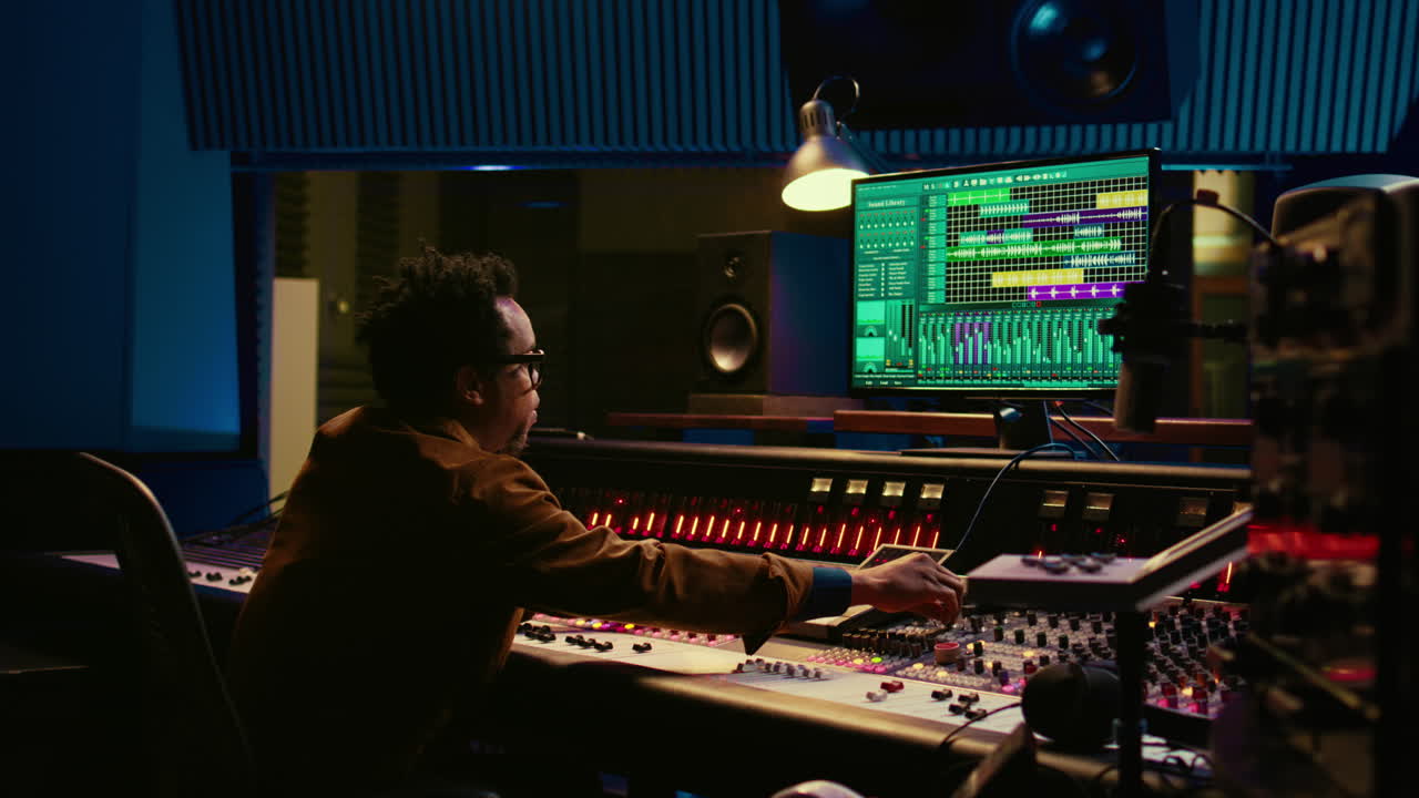 Sound designer uses mixing console and managing audio tracks