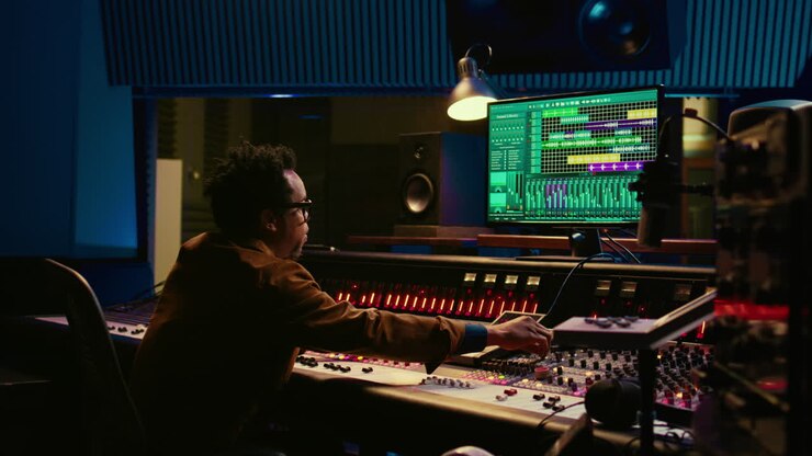 Sound designer uses mixing console and managing audio tracks