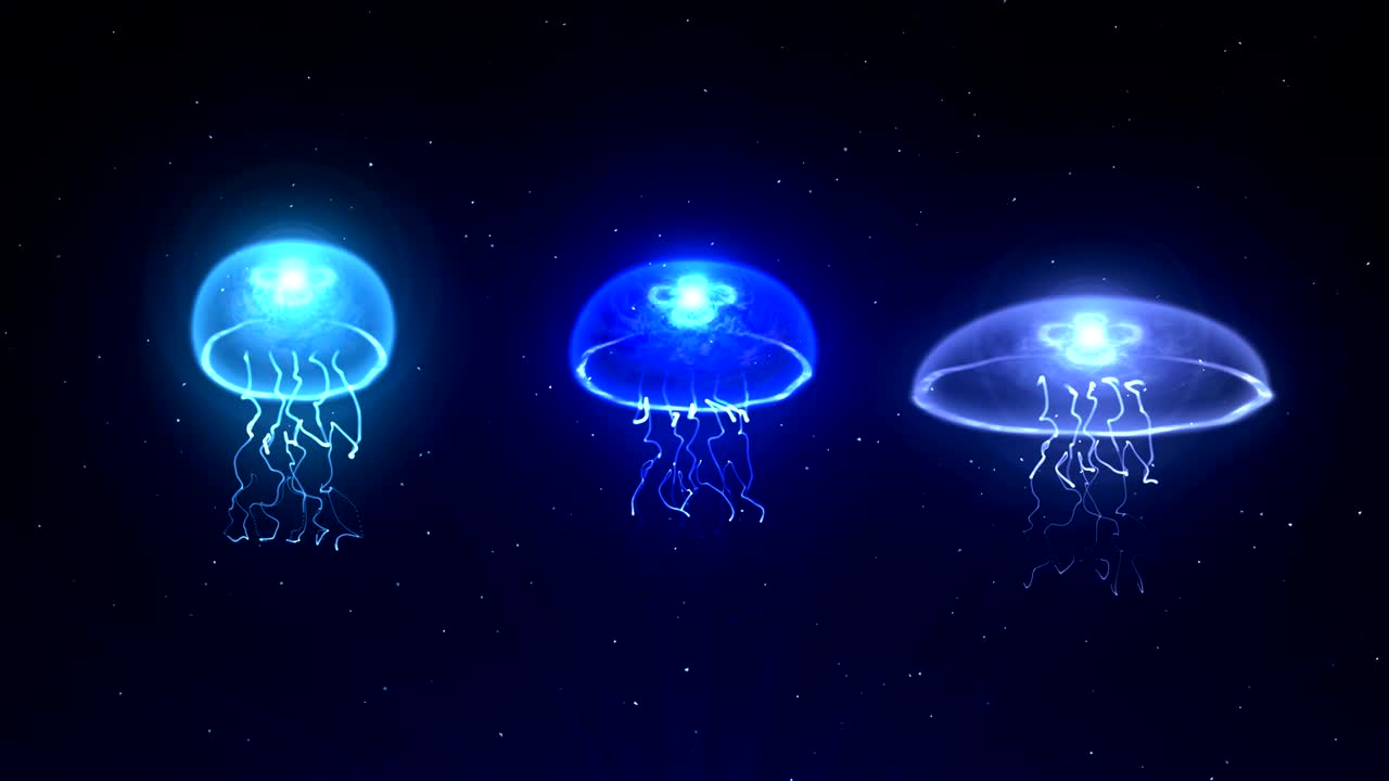 medusas iluminadas con luz de color bajo el agua, animación cg, bucle
