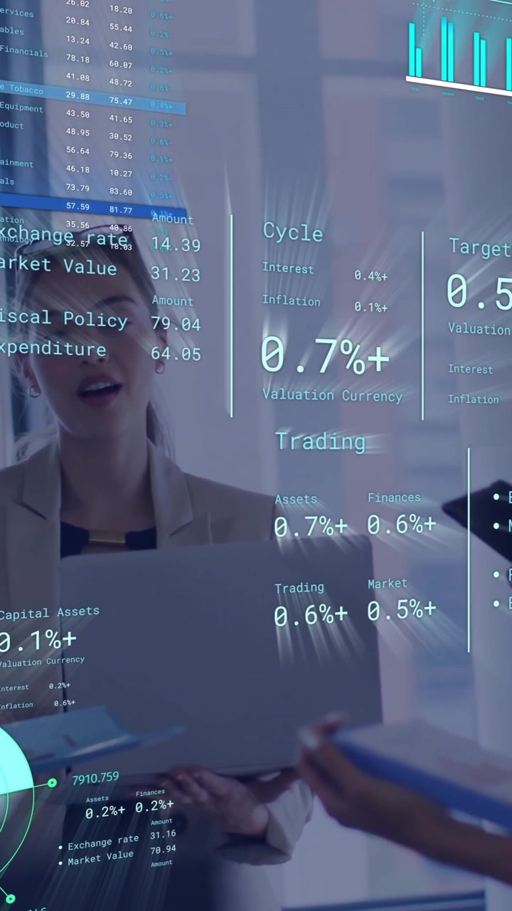 Data and financial statistics animation, business people using glass screen in office