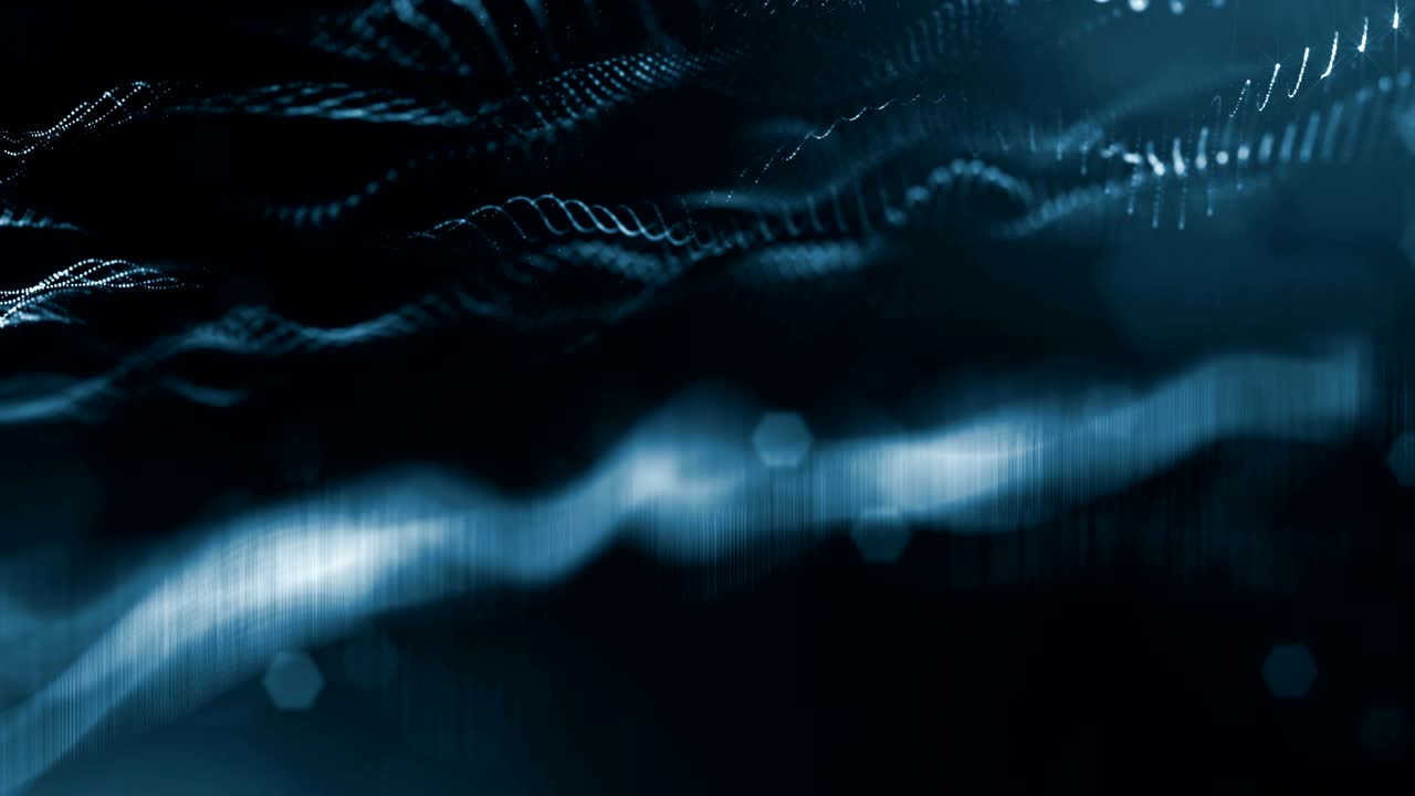 animación de bucle 3d como fondo de ciencia ficción de partículas brillantes con profundidad de campo y bokeh para bucle vj. las partículas forman línea y cuadrícula de superficie. v2 negro