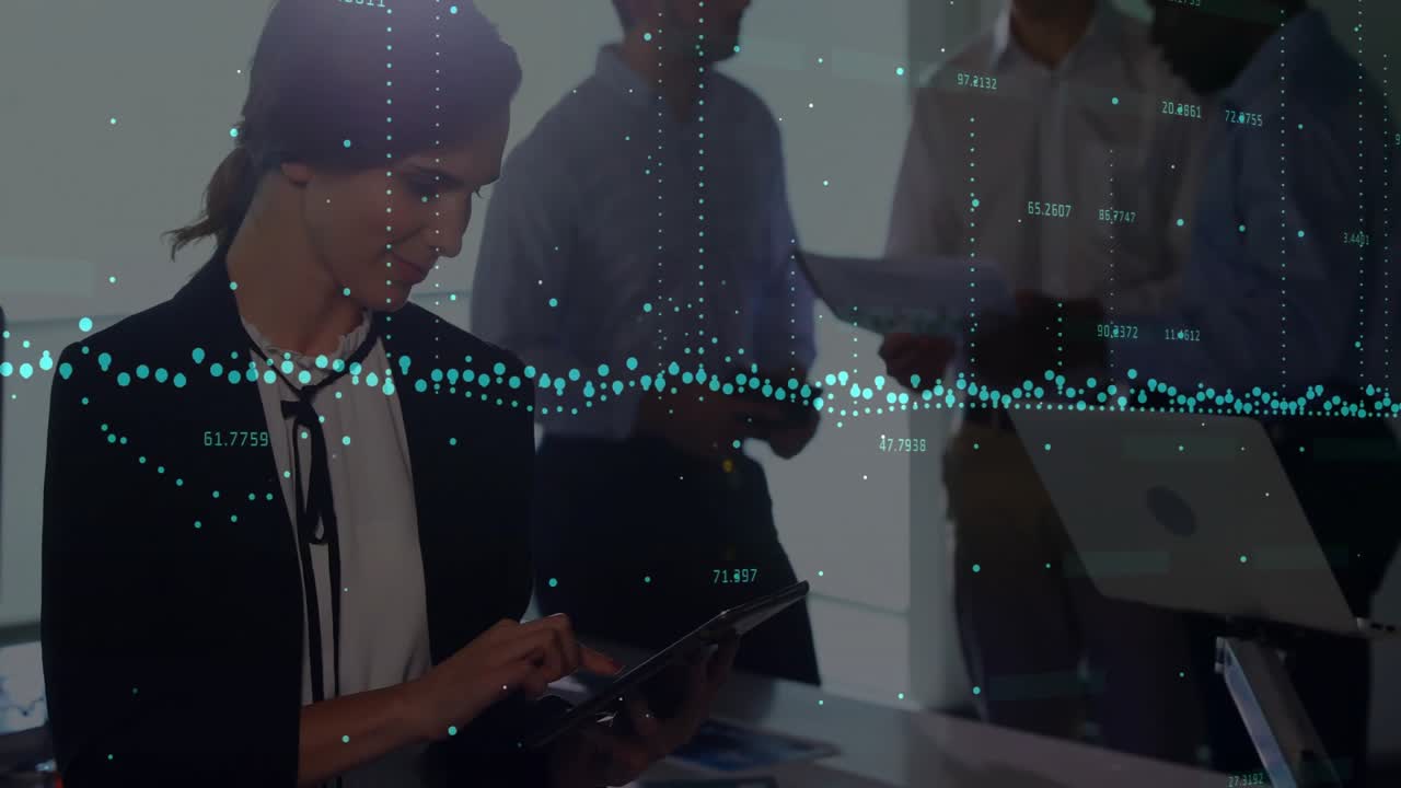 Businesswoman tapping tablet and showing hologram graph, colleagues analyzing data spikes together