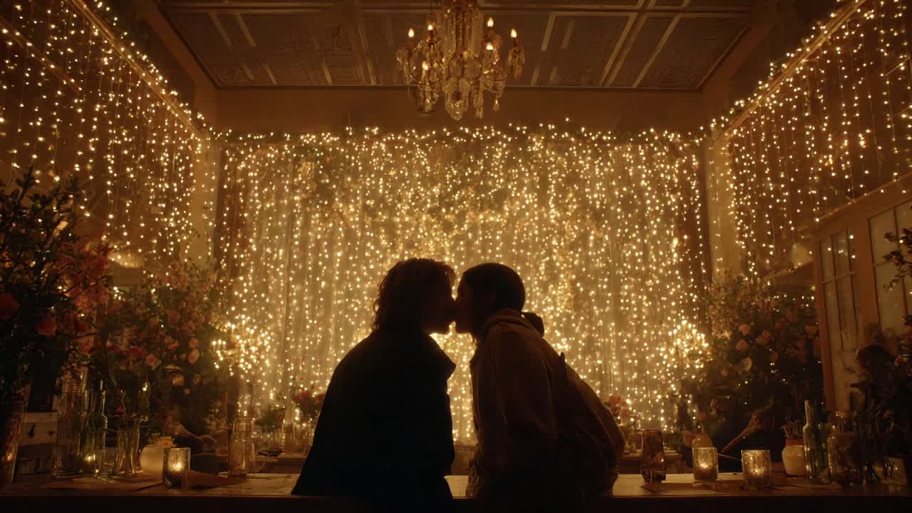 A Romantic Evening Captured in Glowing Splendor: Two Silhouetted Figures Share a Tender Kiss Amidst a Dazzling Backdrop of Sparkling Lights and Floral Arrangements