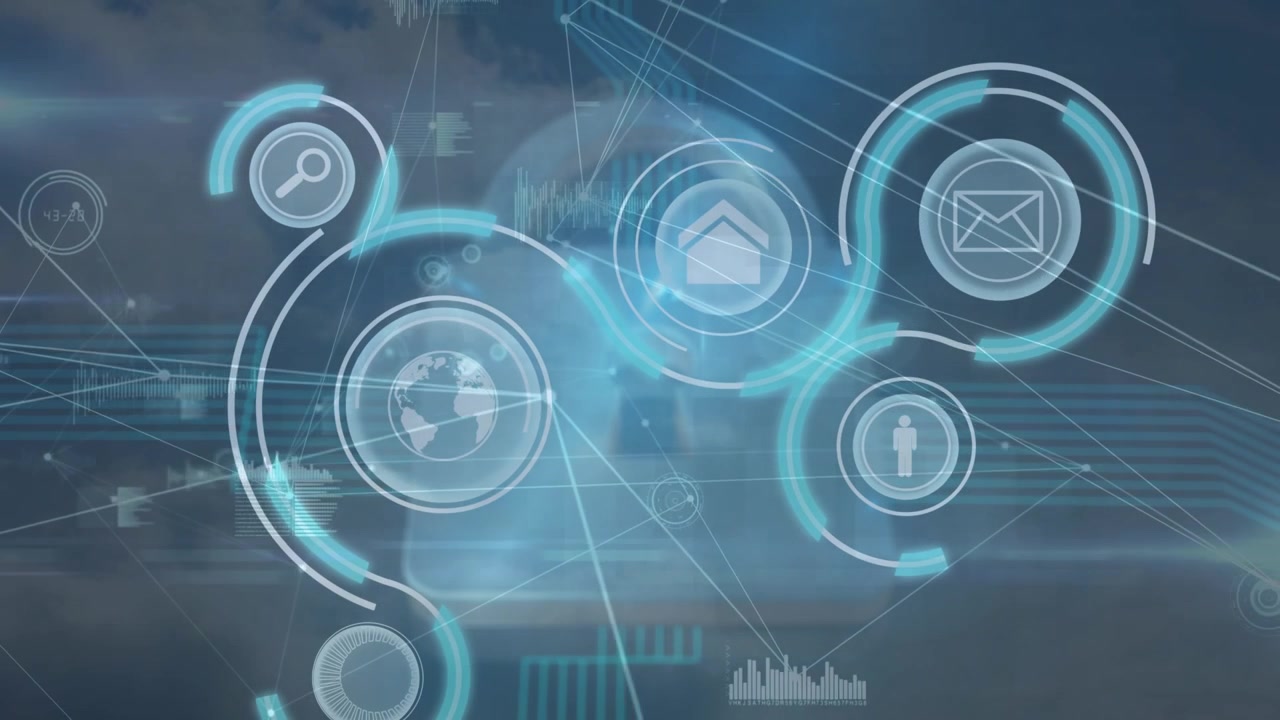 Animation of network of connections over icons and sky with clouds