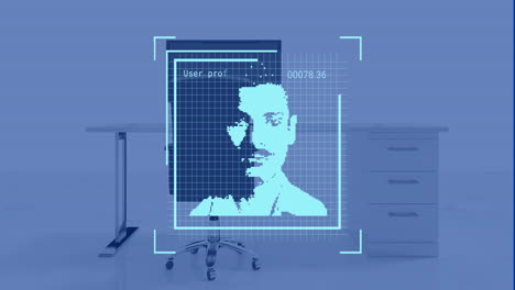 animación de procesamiento de datos con retratos sobre el escritorio con computadora sobre fondo azul