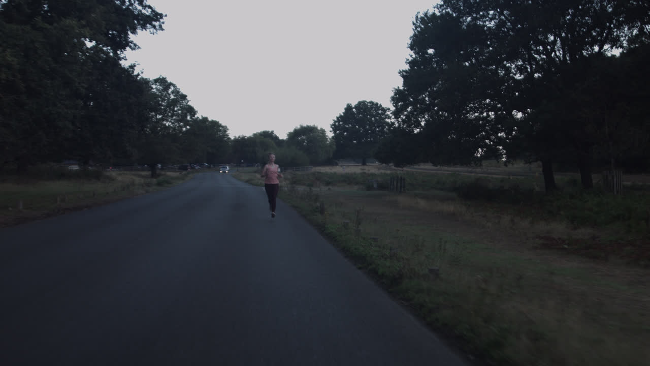 Early in the morning, a car is approaching from behind and a young woman is running in the road which is surrounded by trees