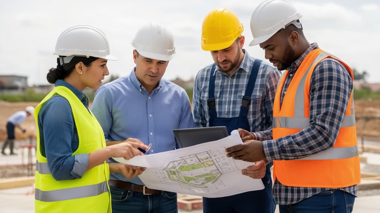 Team of Construction Professionals Collaborating on Project Plans with Blueprint and Digital Device at Construction Site Under Clear Sky