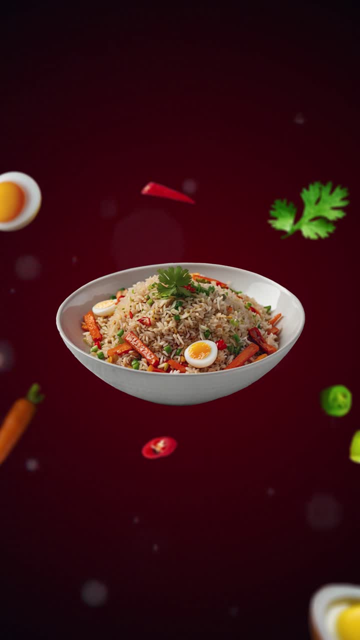 Fried rice With parsley, egg and carrot strips Animation intro Promotion, advertising and marketing of Asian cuisine dish with the ingredients flying in the air - vertical video for price tag or sale