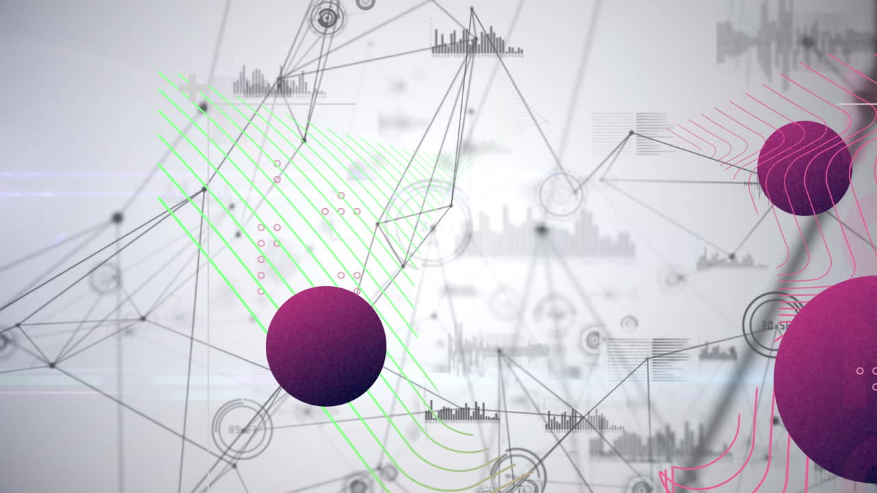 animación de formas a través de una red de conexiones y procesamiento de datos sobre fondo blanco