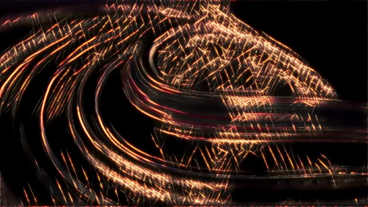 Seamless loop of abstract animation of twisted rotating golden sparkle spirals