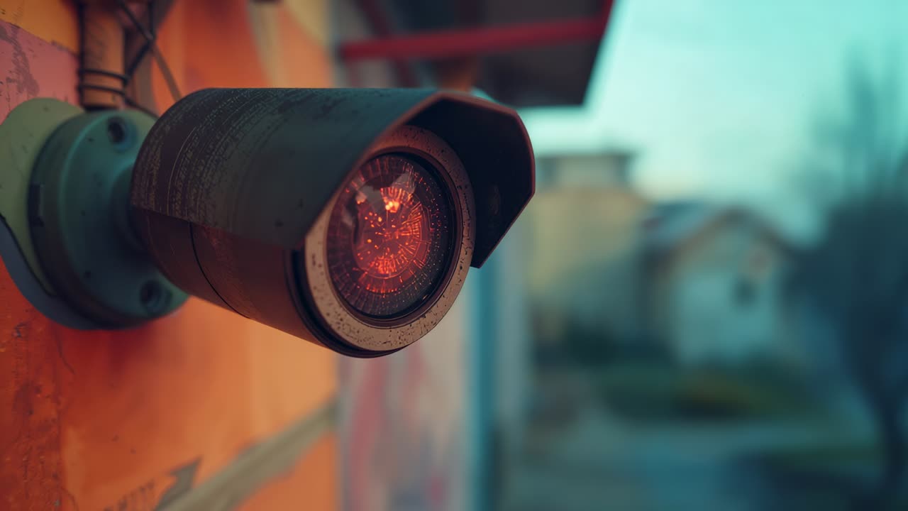 Viewpoint approaching security camera centering on orange wall for monitoring, red LED and droplets