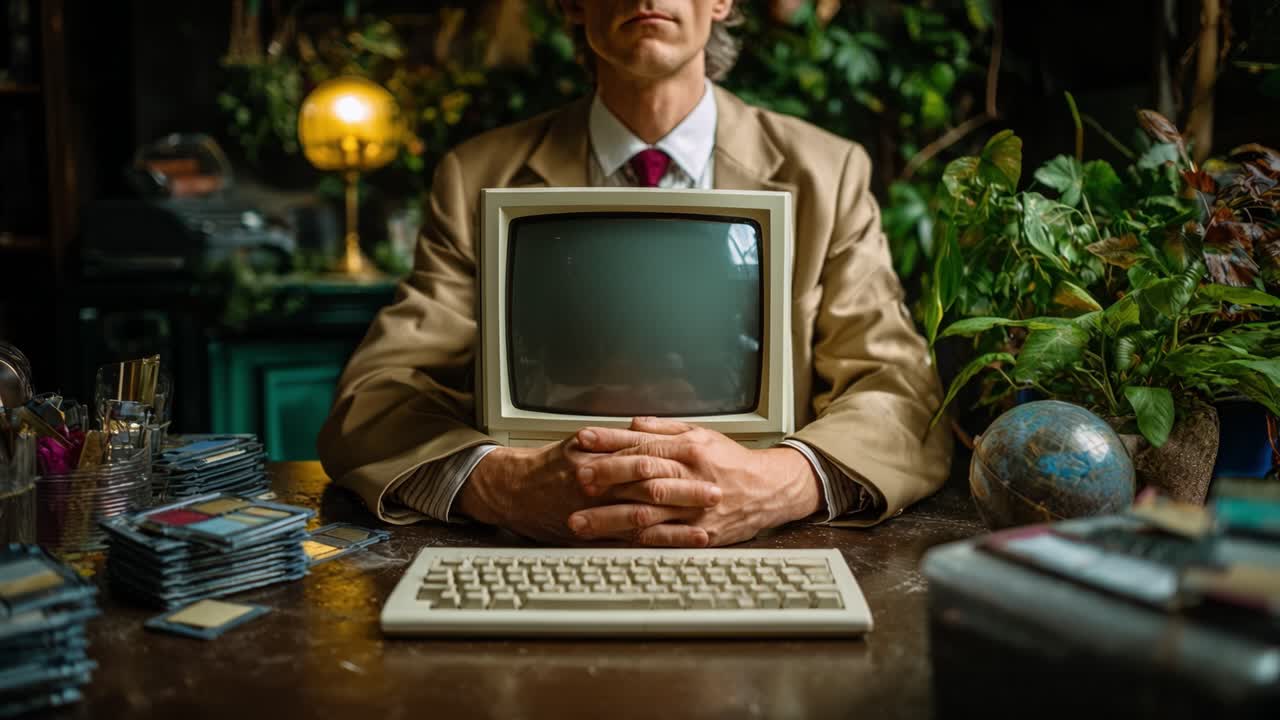 En figur i retrostil iført jakkesæt interagerer med en gammel computer i et frodigt, grønt arbejdsområde, der blander teknologi og natur i et unikt æstetisk arrangement.
