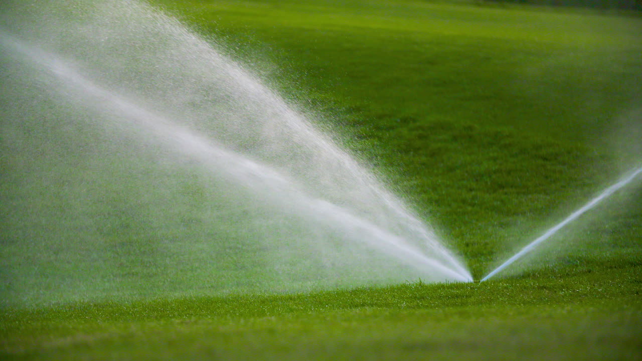 Medium Shot Of Grass Sprinkler Splashes Water Over The Lawn 4
