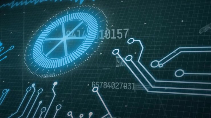 Animation of circular scanner, motherboard and data processing on black background