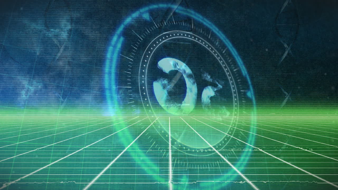 Animation of rotating globe with grid lines in futuristic virtual space