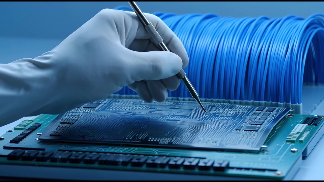 Close-up of Gloved Hand Working on Circuit Board with Precision Tool