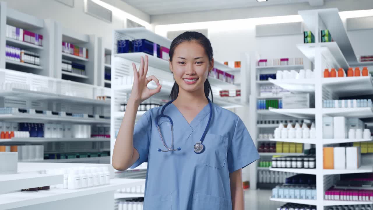 약국에서 미소 짓고 몸짓을 하는 약사