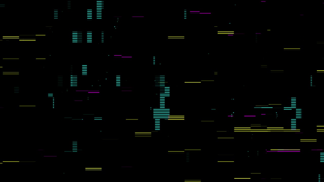 Digitaler Glitch-Effekt mit Neonlinien auf schwarzem Hintergrund