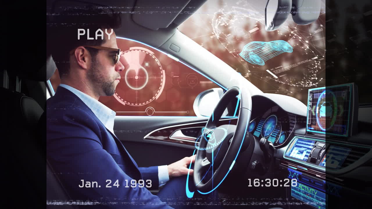 Driving futuristic car, man interacting with digital interface and animation displays