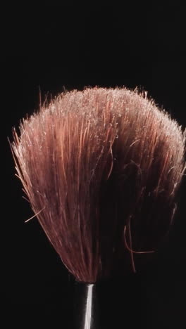 old makeup brush with long hard bristles turning on black background. professional cosmetic product for applying blush or powder on face macro