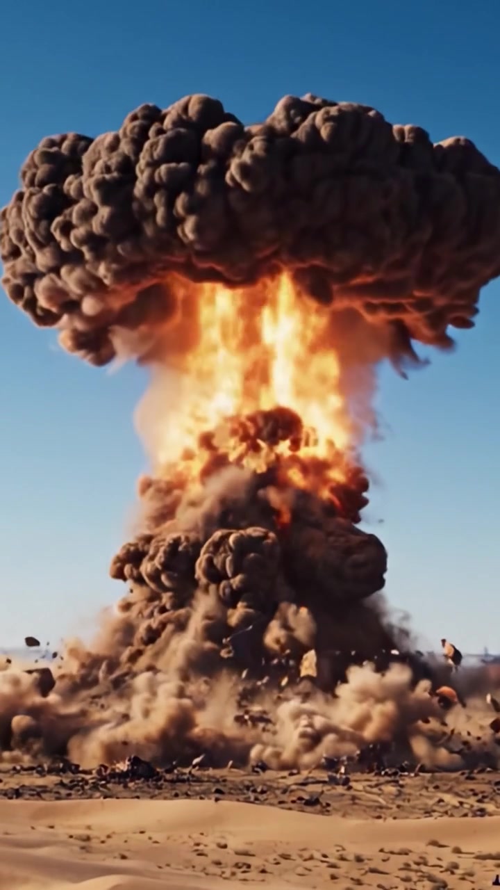 Dramatische Eskalation einer massiven Explosion: Erleben Sie die Intensität, wie die anfängliche Detonation zu einer aufragenden Pilzwolke wird, die die Zerstörungskraft symbolisiert