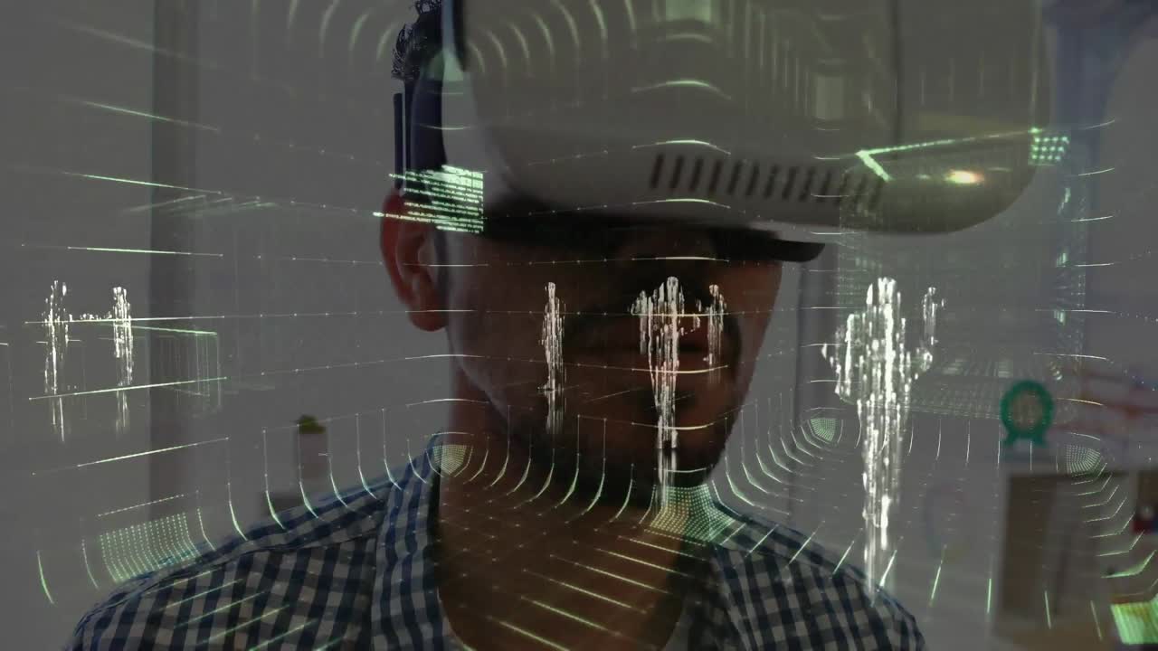 animación del procesamiento de datos sobre el hombre que usa auriculares vr