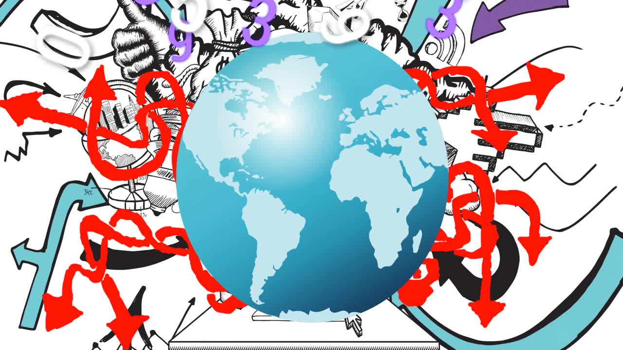 백색 배경에 있는 전 세계에 있는 숫자와 아이콘의 애니메이션